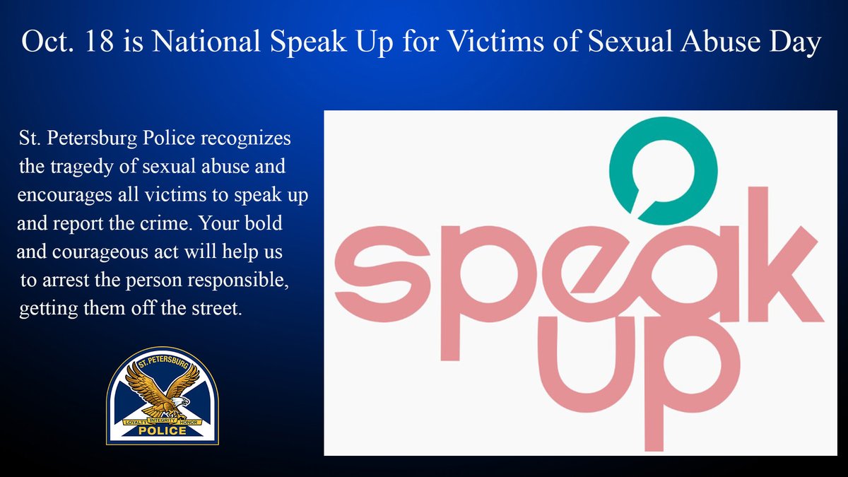 StPetePD's tweet photo. Help make today a day of healing. #StPetePD recognizes the tragedy of sexual abuse and encourages all victims to speak up and report the crime. Please call us at (727) 893-7780 for help.
#StopSexualAbuse
#SpeakUp
#SpeakUpAgainstSexAbuse https://t.co/lTvd4b6ZJ7