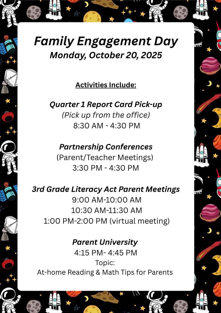 JohnWillDragons's tweet image. 📚 Parents &amp;amp; Families – Join us for Family Engagement Day on Oct. 20! Pick up report cards and participate in activities designed to support your child’s learning. See the flyer for details. @MobilePublicSch
#MissionExcellence #PerseverancePropelsProgress #LearningLeading