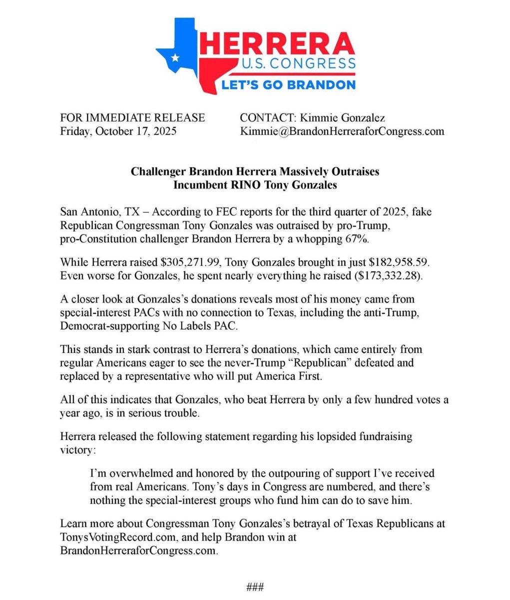 Brandon Herrera (@theakguy) on Twitter photo Campaign Update:
Despite being the grassroots challenger, we successfully out-fundraised the RINO <a href="/TonyGonzales4TX/">Tony Gonzales</a> this quarter.
Even better, while Tony relied heavily on DC money, we raised ours entirely independently.
We are owned by no one, and answer only to the voters. Campaign Update:
Despite being the grassroots challenger, we successfully out-fundraised the RINO <a href="/TonyGonzales4TX/">Tony Gonzales</a> this quarter.
Even better, while Tony relied heavily on DC money, we raised ours entirely independently.
We are owned by no one, and answer only to the voters.