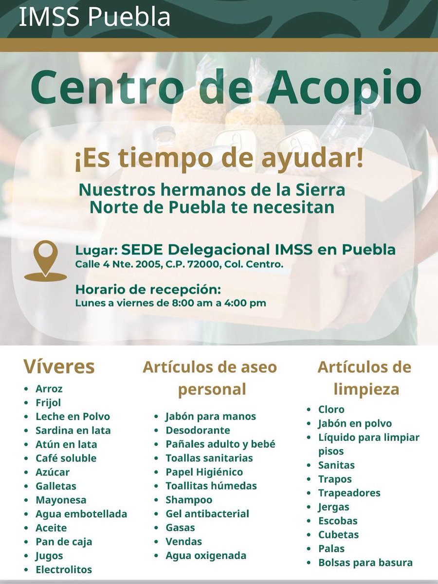 Ayudemos a nuestros hermanos de la Sierra Norte de #Puebla.
En estos momentos difíciles nos necesitan, debido a las recientes afectaciones por las fuertes lluvias. Buscamos tu generosidad para donar algunos de los artículos que aparecen en la imagen: 📷