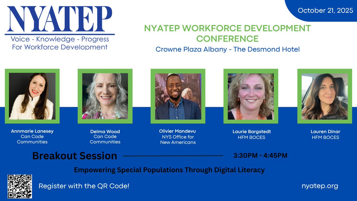 CanCodeOrg's tweet image. Join us at the NYATEP Workforce Dev Conf, Oct 20–22 at Crowne Plaza Albany! 💻
Our CEO Annmarie Lanesey moderates “Empowering Special Populations Through Digital Literacy” on Oct 21 w/ leaders from NYS Office New Americans & HFM BOCES.Register: nyatep.org #NYATEP2025