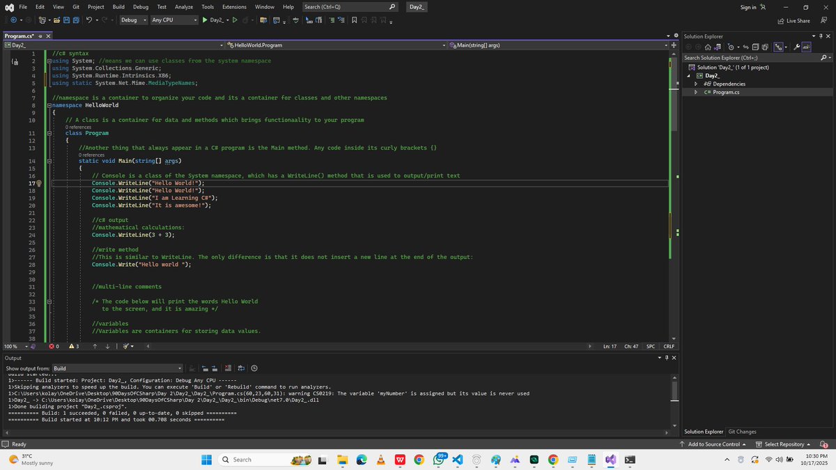 OyegunleE's tweet image. Day 2 of my #90DaysOfCSharp Challenge
Today, I learned about
- c# syntax
- Variables & constants
- Data types(int, string, double, bool, char)
- Displaying output with Console.WriteLine()
- Check out my progress here github.com/Olawale29/c-sh…
#CSharp #100DaysOfCode #dotnet