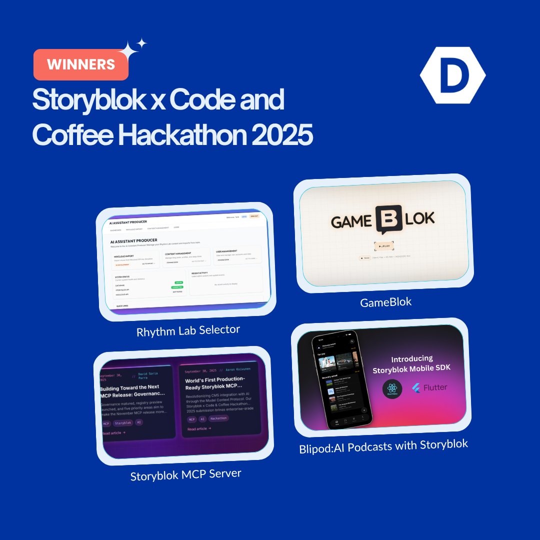 devpost's tweet image. For the @Storyblok x Code & Coffee Hackathon, builders used the API-first headless CMS to create dynamic, composable apps.
We saw amazing projects using Next.js, Astro & more. Congrats to winners like GameBlok, Blipod:AI Podcasts, & Rhythm Lab Selector!
Check out the +more…