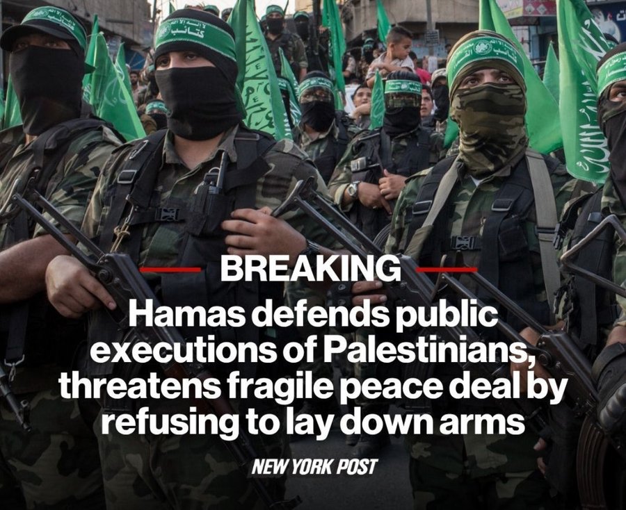 ÚLTIMA HORA: Hamás declara que seguirá ejecutando públicamente a palestinos y se niega a desarmarse.

Prometen abiertamente asesinar palestinos y romper el alto el fuego, ¿Por qué los medios de comunicación y los activistas pro palestinos permanecen en silencio?