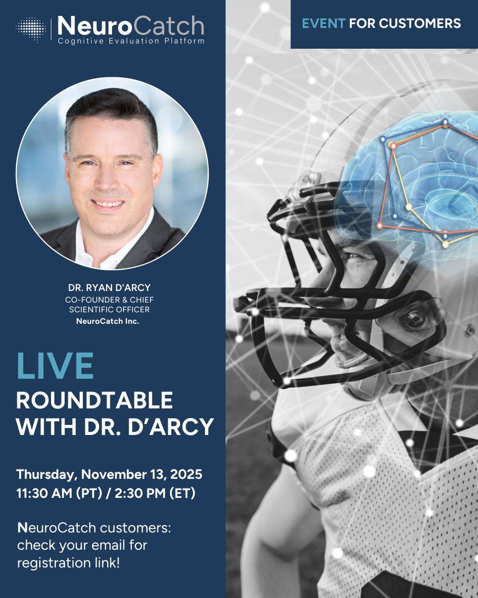 NeuroCatch customers, join our FREE, LIVE event, "Roundtable with Dr. Ryan D'Arcy" on Nov 13! Get expert guidance, ask questions &amp; be entered to win a private 1:1 session with Dr. D'Arcy. NC Customers: Register in advance, check your email for the link! 🧠💥info@neurocatch.com