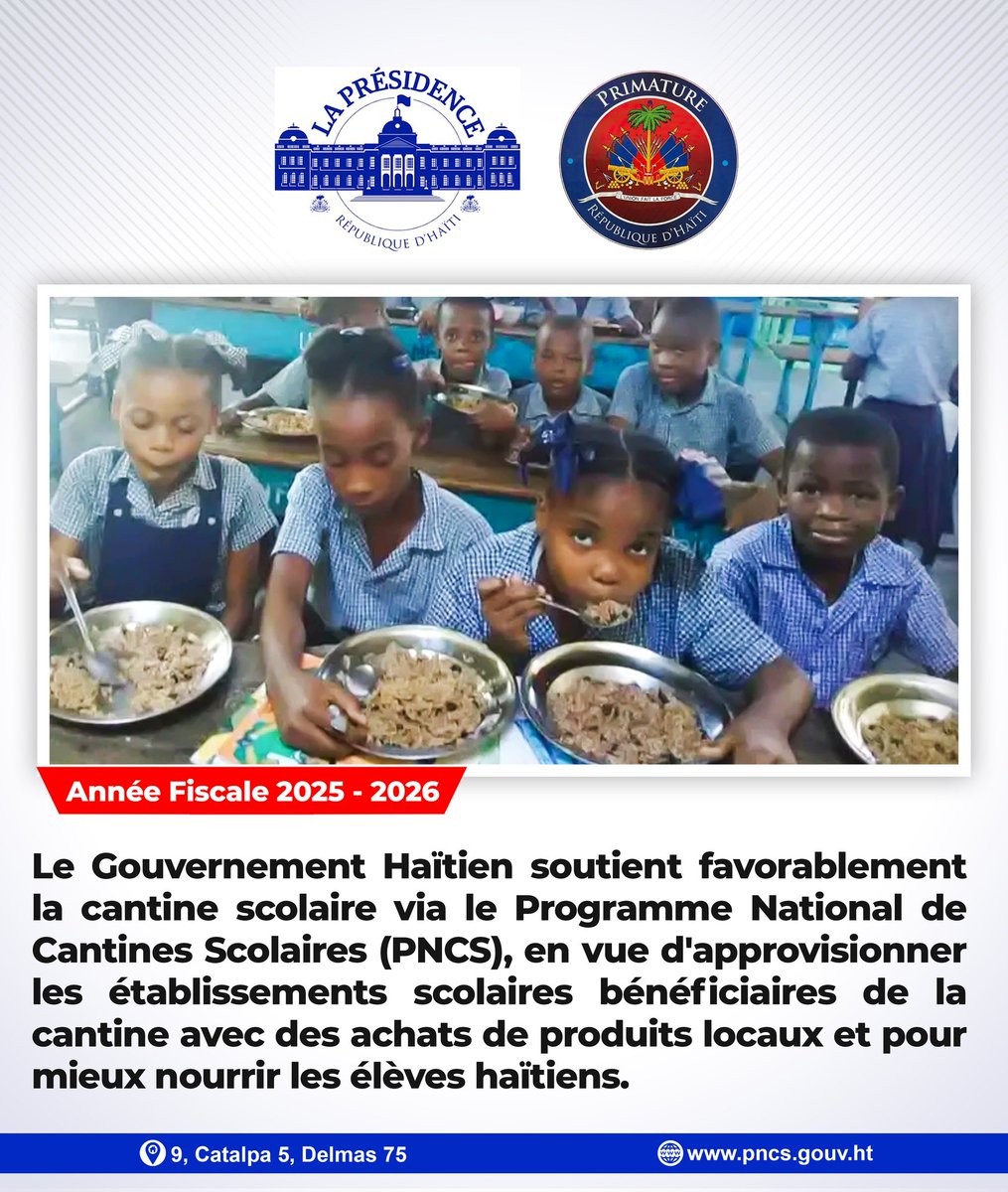 Le programme National de Cantines Scolaires (PNCS) réponds à ses nobles missions pour mieux approvisionner les écoles bénénificiaires de la cantine à travers le pays grâce au soutien indéfectible du gouvernement haïtien.<a href="/PrimatureHT/">Primature de la République d’Haïti</a>