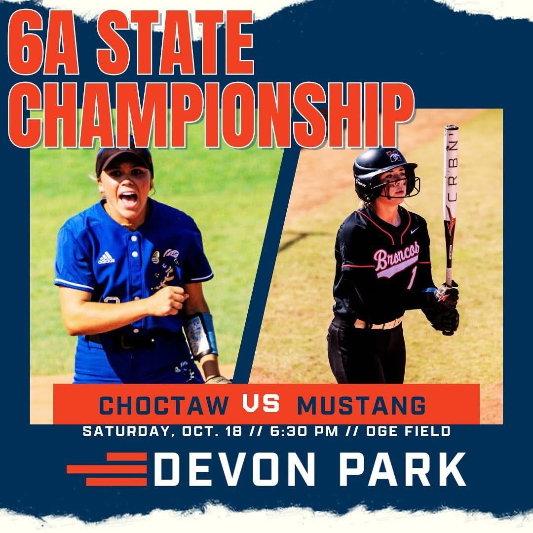 Choctaw faces rival Mustang in the STATE CHAMPIONSHIP Saturday night! 

6A STATE FINAL
6:30 p.m.
Saturday, Oct. 18 
OG&amp;E Field at Hall of Fame Stadium

No. 1-ranked Choctaw beat No. 2-ranked Mustang in the regular season, 6-5. 
Choctaw needs one more win to be State Champs