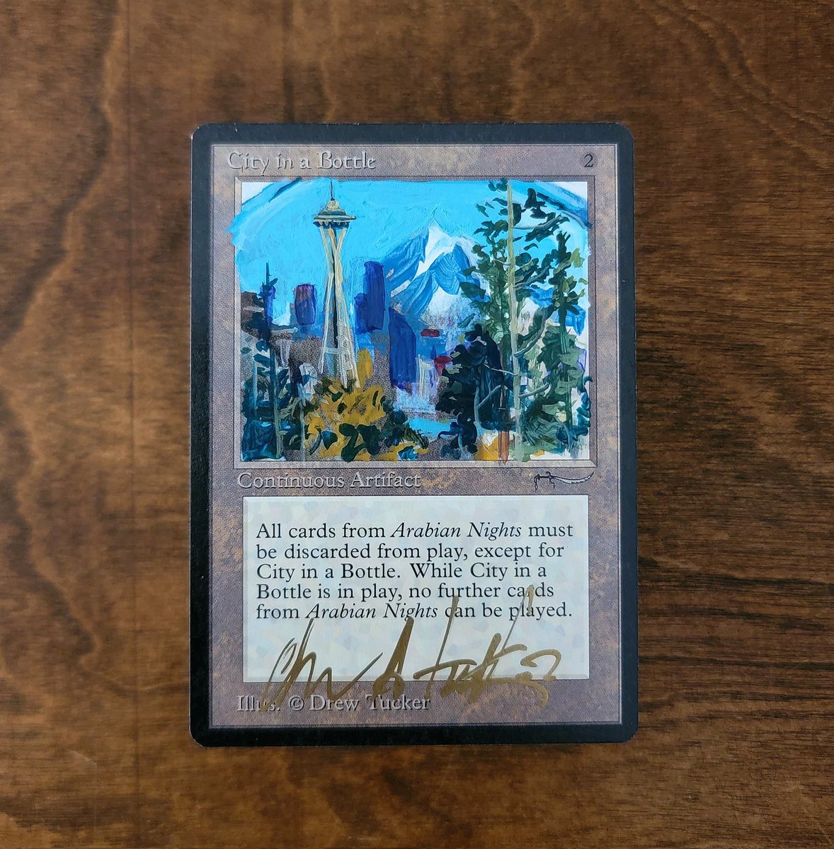 DesertTwisters's tweet photo. 'Seattle in a Bottle.' Altered by none other than Drew Tucker 🧙🏽‍♂️

This is the latest addition to Twister Justino's mostly black bordered, Swedish legal, DFB Green deck.

#OldSchoolMTG #9394MTG https://t.co/LSPRnDHrup