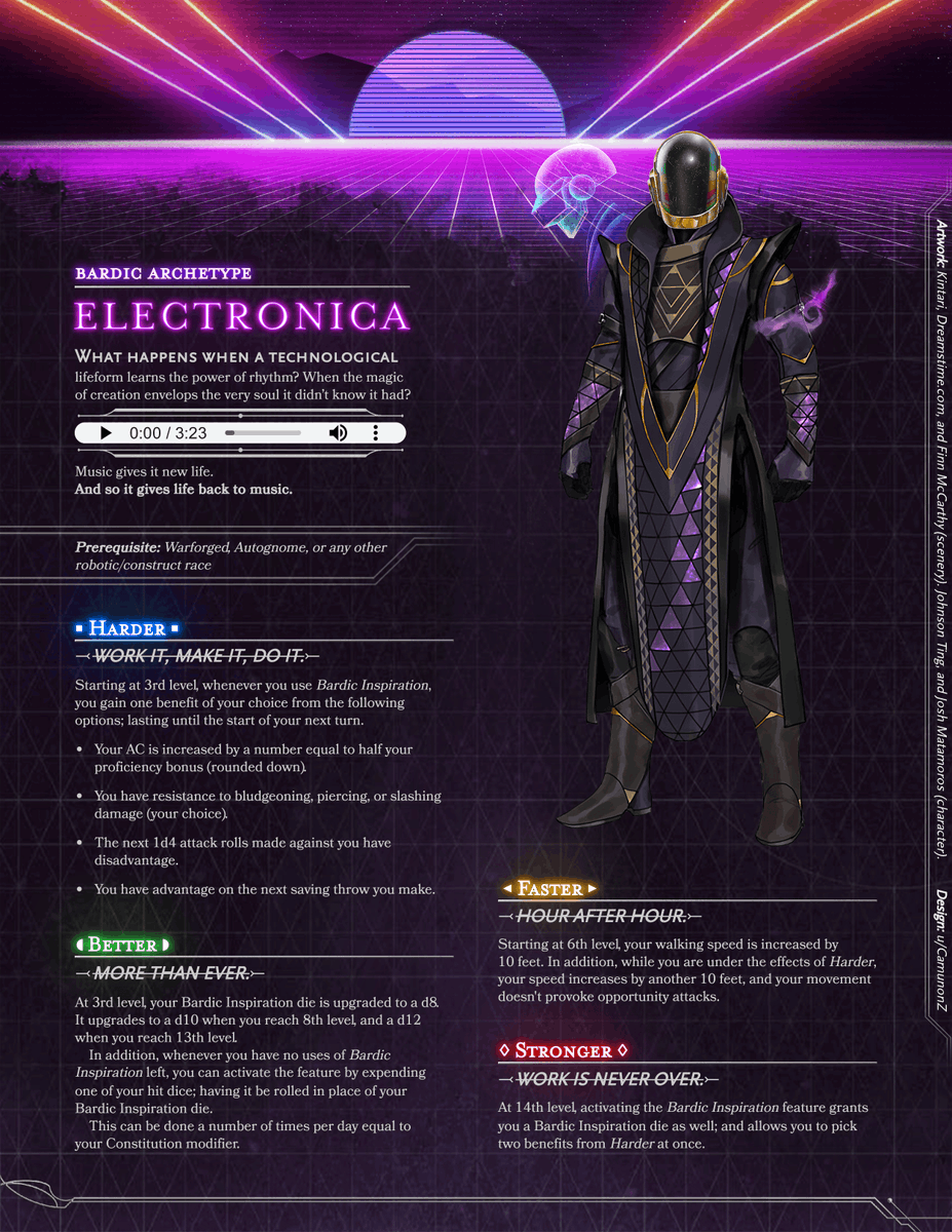 I made a playable character option for #DnD5e inspired by #DaftPunk !

- Link to the PDF document: drive.google.com/drive/folders/…

#dungeonsanddragons #DnD #dnd #homebrew #TTRPGs #ttrpg #subclass #BARD #daftpunkfanart #daftpunktwt