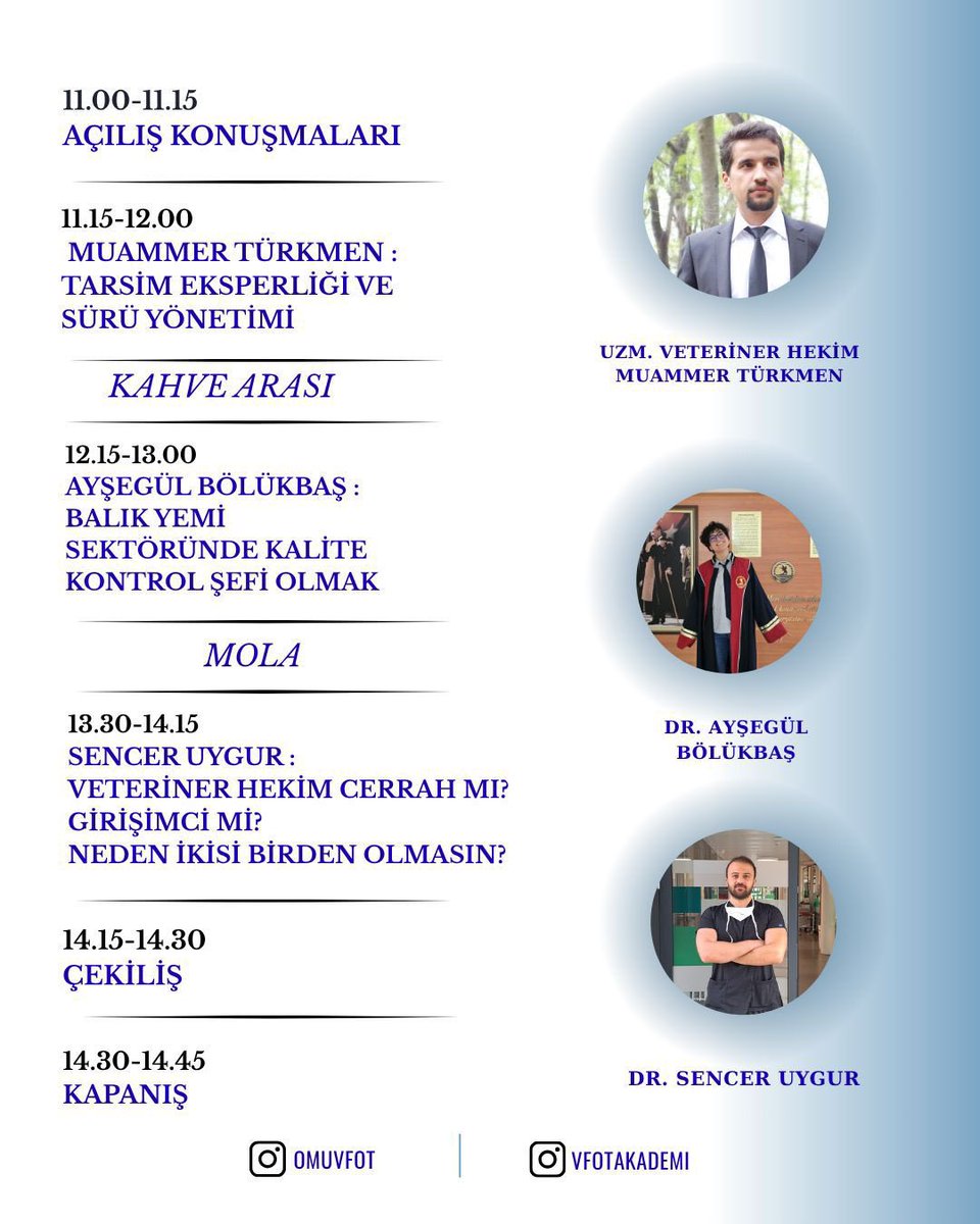 Merhaba arkadaşlar 👋🏻
*III.VETERİNER HEKİMLİK ZİRVESİ İLE KARŞINIZDAYIZ*💥 
18 Ekim saat 11.00'da AKM PEMBE SALON konferans salonunda sizleri bekliyoruzz

*Uzm. Vet. Hek. Muammer Türkmen* 

*Dr. Vet. Hek. Ayşegül Bölükbaşı*

*Dr. Vet. Hek. Sencer Uygur*