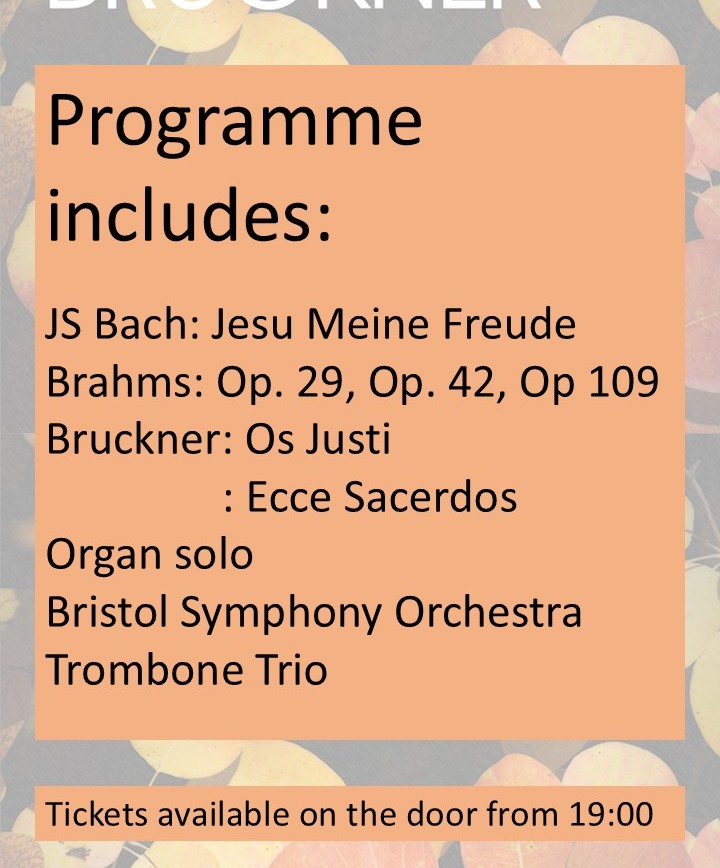 Our concert in Trinity-Henleaze URC is tomorrow - Saturday 18 October. There are still some unreserved tickets available at £15 (students £5) on the door from 7pm. Concert starts at 7.30pm.