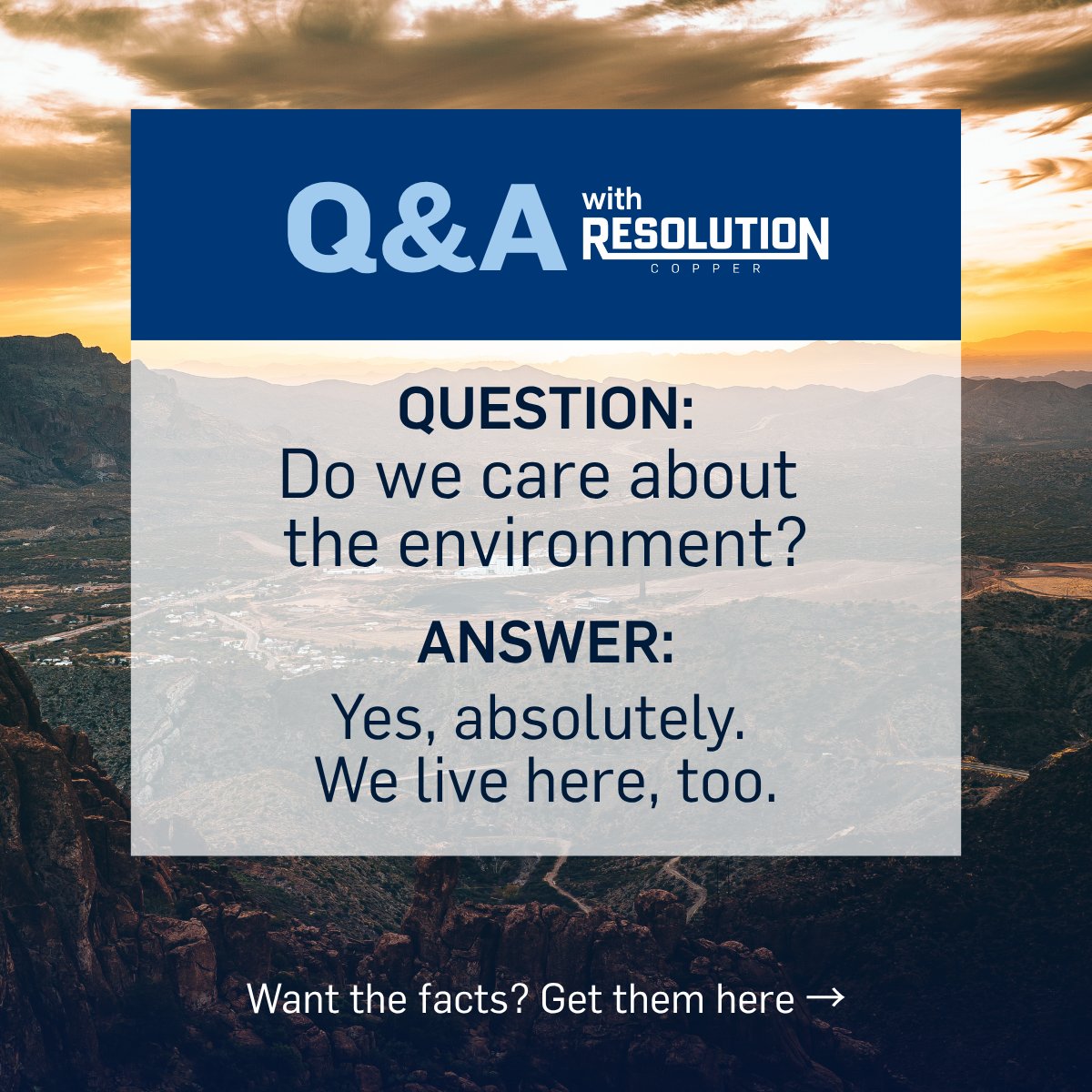 resolutioncu's tweet photo. #MythbustingMonday
Q: Do we care about the environment?
A: YES. We live here too.
From planning to post-closure, we’re committed to protecting and improving our environmental performance. Swipe for facts.
#ResolutionCopper #EnvironmentalStewardship #ArizonaMining #MythVsFact https://t.co/n2s5O4WFvp