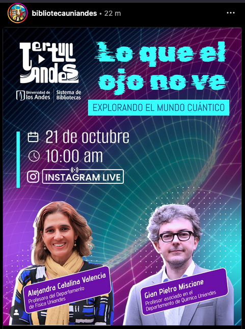 21 octubre 2025, 10 AM
Tertuliandes con invitado el profesor Gian Pietro Miscione de COBO.
En la Biblioteca de la Universidad de los Andes o live a través del Instagram de la Biblioteca.
<a href="/CienciasUAndes/">CienciasUniandes</a>