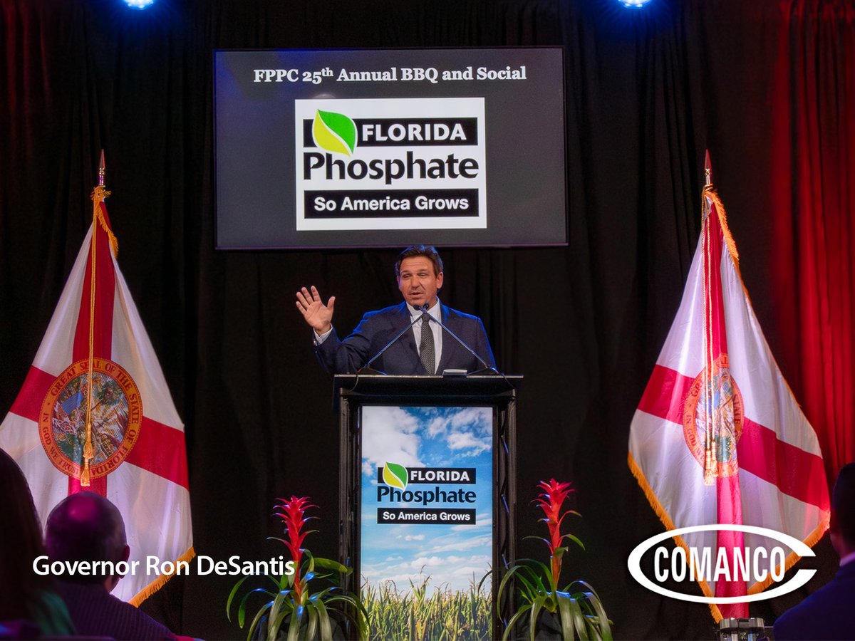 COMANCO's tweet photo. COMANCO was proud to attend the 25th Annual Florida Phosphate Political Committee (FPPC) BBQ & Social in Lakeland, FL! Last night, we joined industry peers, policymakers, and business leaders to celebrate and support Florida’s phosphate industry.

This year’s program featured remarks from Governor @RonDeSantis, @PolkCoSheriff Grady Judd, Senate President Ben Albritton (@Sen_Albritton), Lieutenant Governor @JayCollinsFL, Attorney General @JamesUthmeierFL, CFO Blaise Ingoglia (@GovGoneWild), and Agriculture Commissioner @WiltonSimpson—all reaffirming their commitment to this vital sector that powers our economy and feeds the world.

Attendees also heard valuable industry insights from Ryan Tyson of @TheTysonGroup, Karen Swager of The @MosaicCompany, and Mike Dirham of @NutrienLTD.

We’re honored to support the FPPC and the continued success of Florida’s phosphate community. Read more about COMANCO’s involvement and event highlights here: https://t.co/H19gsXLzKs

SAFETY ★ QUALITY ★ SERVICE

#COMANCO #FPPC #FloridaPhosphate #PhosphateIndustry #Mosaic #Nutrien #FloridaAgriculture #RonDeSantis #GradyJudd #BenAlbritton #JayCollins #JamesUthmeier #BlaiseIngoglia #WiltonSimpson #FloridaMining #Sustainability #TeamCOMANCO