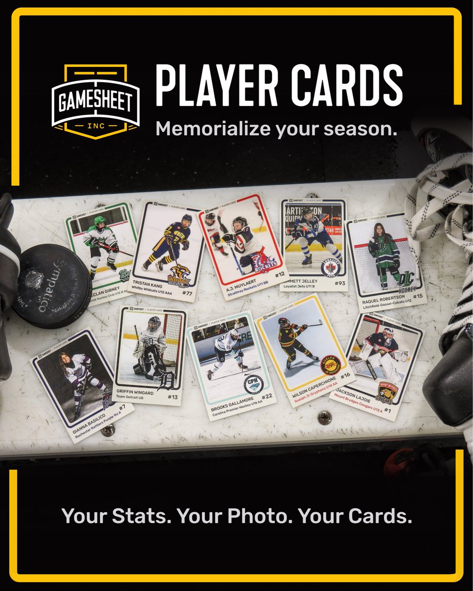 GameSheetInc's tweet image. Introducing something new from GameSheet 🏒✨  

Your stats, your photos, your story — on real collectible player cards. 

Designed for the players, parents, and coaches who make every season unforgettable.  

🚨Get yours: playercards.store  

#GameSheet #PlayerCards