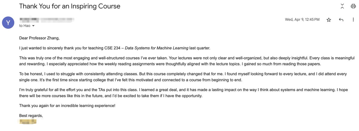 haozhangml's tweet image. Strongly disagree with the original post, and agree with that Berkeley, Stanford, and UCSD actually do offer many good courses that are cutting edge and timely.

For example, this Winter I offered this machine learning systems course hao-ai-lab.github.io/cse234-w25/ at UCSD (all materials…