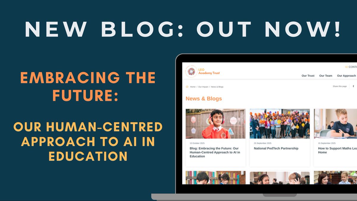LEOacademies's tweet image. 💬 @LEOacademies Monthly Blog
At LEO Academy Trust, AI isn’t about replacing teachers - it’s about amplifying human creativity, curiosity & connection
Find out more in October’s blog: Embracing the Future: Our Human-Centred Approach to AI in Education👇
leoacademytrust.co.uk/657/news-blogs…