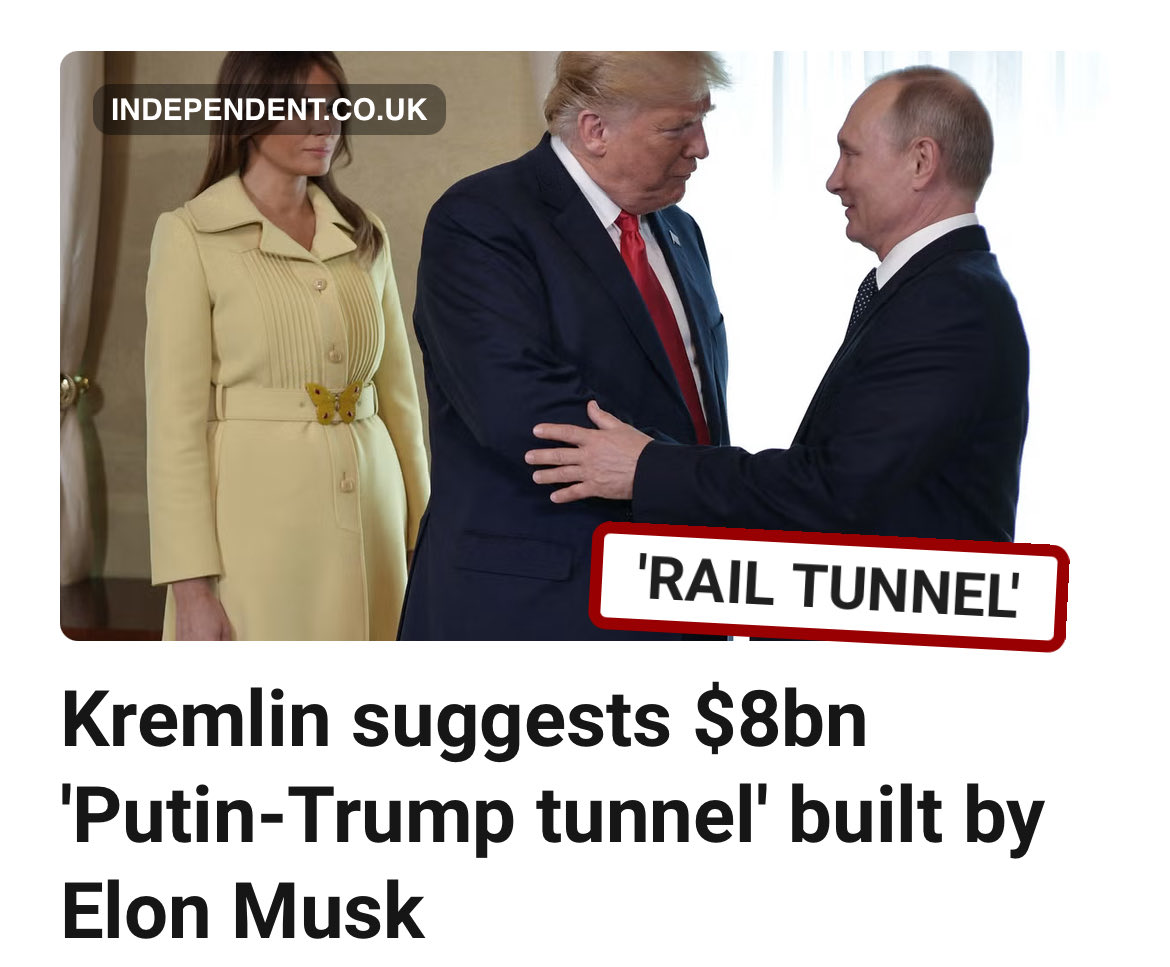 Europa rückt immer weiter an den Rand:
—-
Kreml schlägt 8-Milliarden-Dollar-„Putin-Trump-Tunnel“ von Elon Musk vor

„Kirill Dmitriev, Putins Gesandter und RDIF-Chef, schlug einen 8-Milliarden-Dollar-„Putin-Trump“-Eisenbahntunnel unter der Beringstraße vor, der das russische
