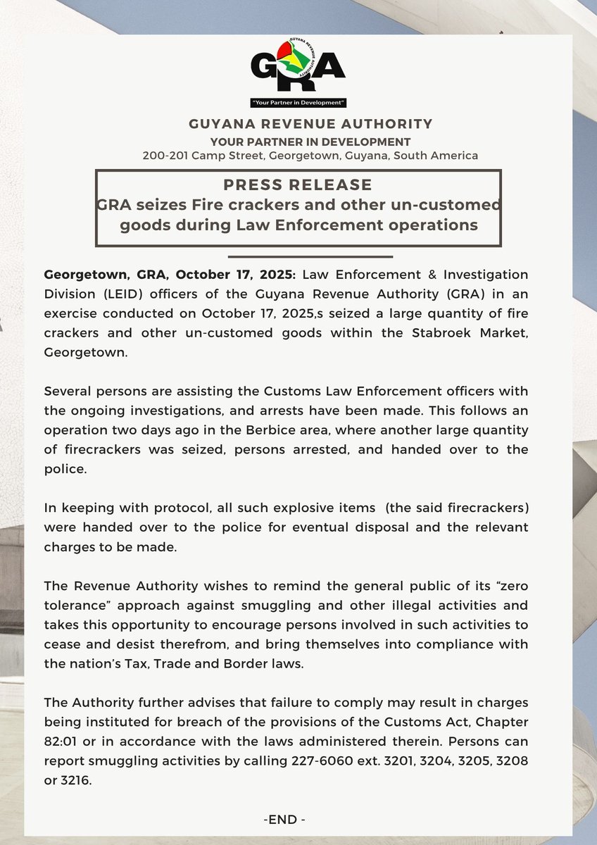 #𝐏𝐫𝐞𝐬𝐬𝐞𝐫: 𝐆𝐑𝐀 𝐬𝐞𝐢𝐳𝐞𝐬 𝐅𝐢𝐫𝐞 𝐜𝐫𝐚𝐜𝐤𝐞𝐫𝐬 𝐚𝐧𝐝 𝐨𝐭𝐡𝐞𝐫 𝐮𝐧-𝐜𝐮𝐬𝐭𝐨𝐦𝐞𝐝 𝐠𝐨𝐨𝐝𝐬 𝐝𝐮𝐫𝐢𝐧𝐠 𝐋𝐚𝐰 𝐄𝐧𝐟𝐨𝐫𝐜𝐞𝐦𝐞𝐧𝐭 𝐨𝐩𝐞𝐫𝐚𝐭𝐢𝐨𝐧𝐬