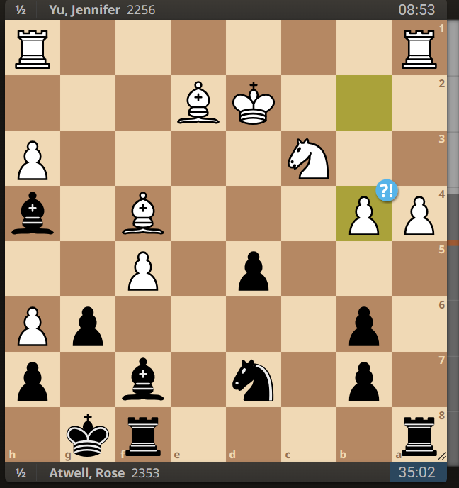 I played WGM Jennifer Yu in round 5 of the US Women's Championship.  We got a draw.  I was lucky.  Below I took gxf5.  I thought "why not take a pawn".  But now I'm much worse after Rhg1+ Kh8 Bb5.  This gets her the e5 square for her other bishop and her pieces are too active.