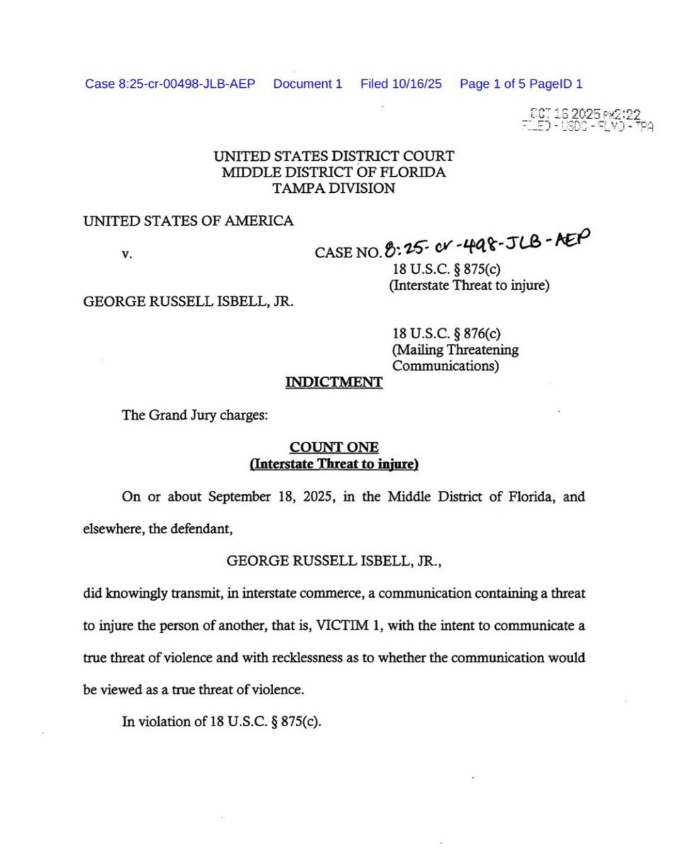 bennyjohnson's tweet image. ANNOUNCEMENT: George Russell Isbell, Jr., the man who threatened to kill me and my family after Charlie Kirk’s assassination, has been indicted on two counts:
- Count One charges him with an interstate threat to injure.
- Count Two charges him of mailing threatening…