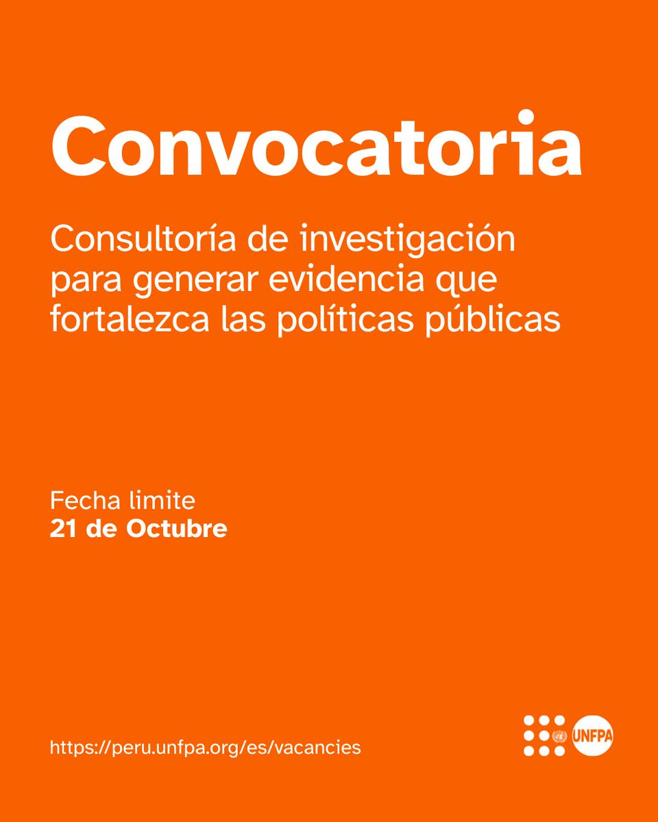 🟠 Se buscan consultorías de investigación para generar evidencia que fortalezca las políticas públicas en salud sexual y reproductiva y atención a la violencia.

📍 En Ayacucho, Lima y Piura.
📅 Postula aquí 👉  peru.unfpa.org/es/vacancies/c…