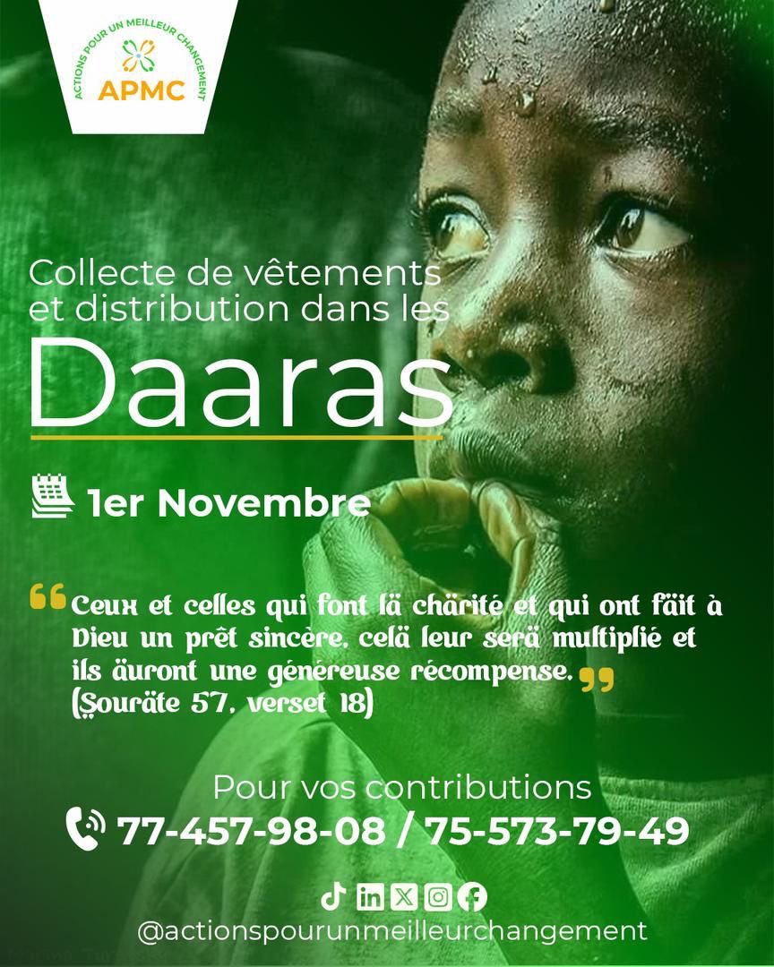 Actionengage's tweet photo. 👕 COLLECTE DE VÊTEMENTS POUR LES DAARAS
L’Association Actions Pour un Meilleur Changement (APMC) organise une collecte de vêtements destinée aux enfants des Daaras.
🤝 Ensemble, redonnons le sourire!
#APMC #Solidarité #Daaras #CollecteDeVêtements #Partage #Charité #Entraide https://t.co/ILT0QlMkLQ