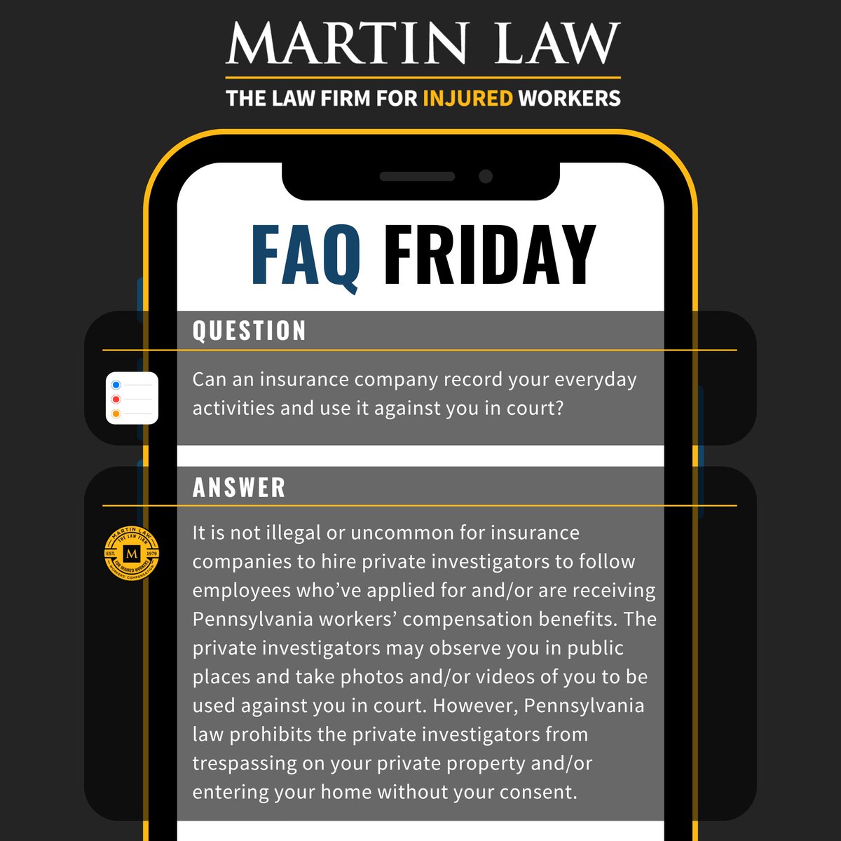 MartinLaw1979's tweet photo. #FAQFriday today explains what insurance companies can and cannot do when it comes to recording your activities. 

If you have more questions like this one, please hit the link in our bio for more helpful FAQs or leave a comment below! https://t.co/8mLczaqZEf