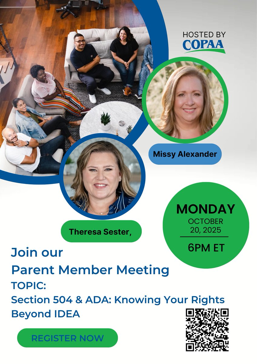 COPAA's tweet photo. Join the COPAA Parent Committee Meeting on October 20th at 6pm with Missy A. and Theresa S. The committee will discuss Section 504 &amp; ADA: Understanding Your Rights Beyond IDEA. For more information or registration visit: https://t.co/zlhnnwwBUe #COPAA #ParentCommittee https://t.co/JV2ZKnrBvK