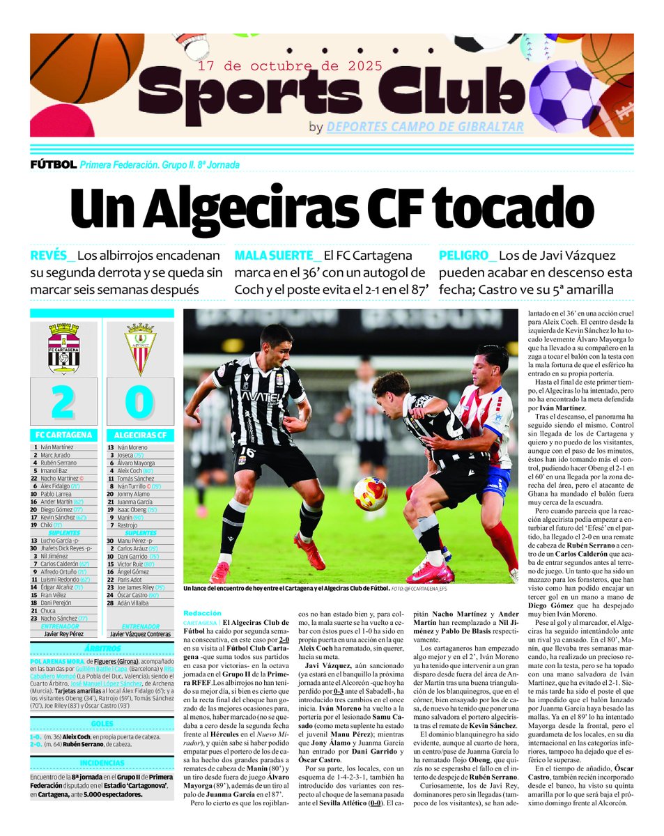 deportescg's tweet photo. El @FCCartagena_efs vence por 2-0 al @AlgecirasCF en la 8ª jornada en la @Primera_RFEF  @AleixCoch4 tiene mala suerte al hacer el primer gol en propia puerta. Los #albirrojos podrían acabar la jornada en descenso #Algeciras #Futbol #Parati #Fyp #Cartagenna @jilandaluce #shira https://t.co/EjU1qfikOJ