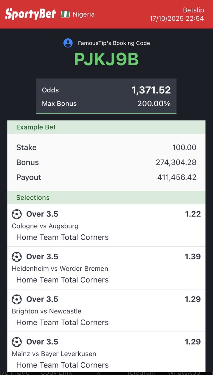 FamousTipster's tweet photo. PLKJ9B ⚽️

Home team corners ⚽️

1k odd 

Just 👇

1. Retweet

2. Tag someone 

3. Drop your edit 

4. Let’s make money 💰 https://t.co/ta71VsygkI