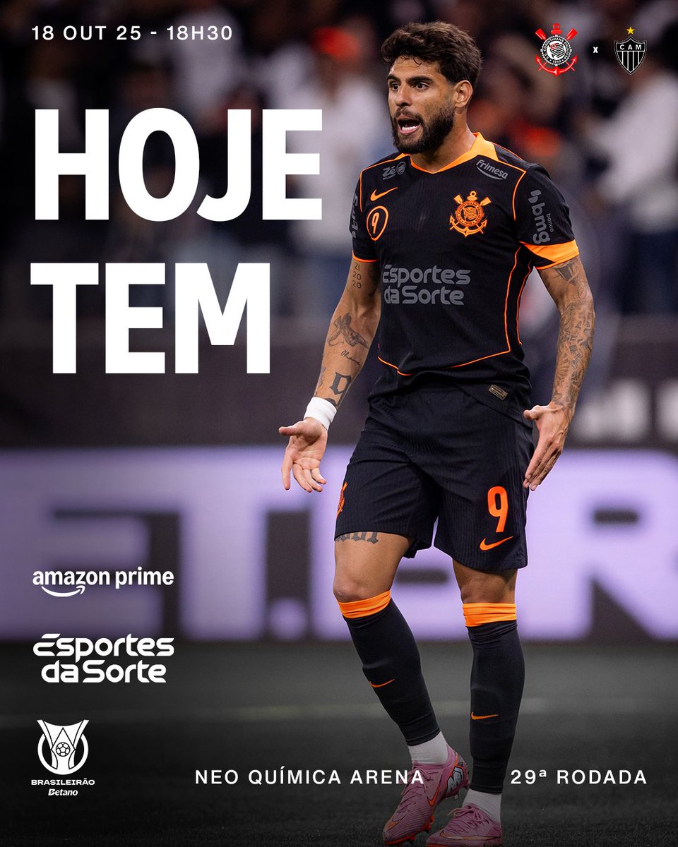 Corinthians's tweet photo. DIA DE CORINTHIANS PELO BRASILEIRÃO! 🏴🏳️

🎶 LOUCO POR TI, CORINTHIANS! 🎶

⚽ Corinthians x Atlético-MG
🏆 Brasileirão (29ª rodada)
⏰ 18h30 (horário de Brasília)
🏟 Neo Química Arena
📺 Prime Video
🖥️ Dia de Corinthians (pré-jogo: 16h30 | narração: 18h30)

#EDS
#SCCPxATL
#VaiCorinthians