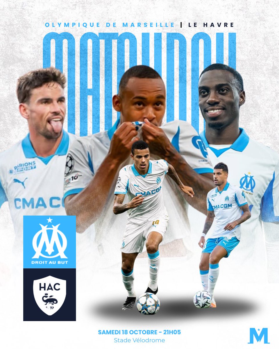 𝗝𝗢𝗨𝗥 𝗗𝗘 𝗠𝗔𝗧𝗖𝗛 ! ⚔️

L’OM de Roberto De Zerbi affronte 𝗟𝗲 𝗛𝗮𝘃𝗿𝗲 à l’occasion de la 8ème journée de Ligue 1 aujourd’hui à 𝟮𝟭𝗵𝟬𝟱.

Le match sera diffusé sur 𝗟𝗶𝗴𝘂𝗲𝟭+ 📺

𝗔𝗟𝗟𝗘𝗭 𝗟’𝗢𝗠 ! 💙🤍 

📸 <a href="/Mercat_OM/">MercatOM</a> 

#TeamOM #OMHAC