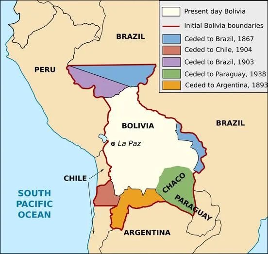 Unfortunate Bolivia and lost lands to its neighbors after and before the War of the Pacific