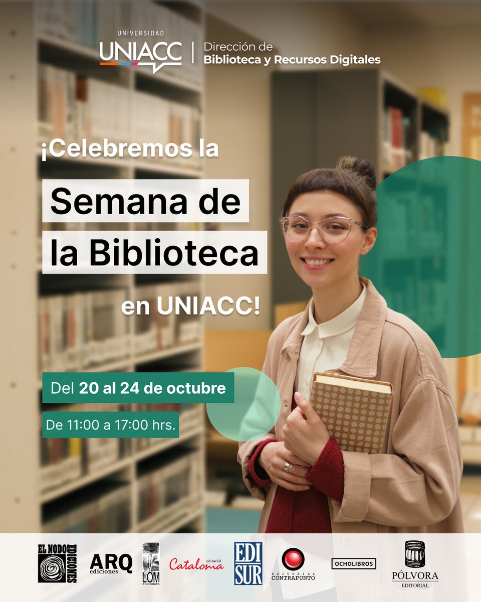 UNIACC's tweet photo. 📚 ¡Celebremos el Día de las Bibliotecas UNIACC!

Del 20 al 24 de octubre vive una semana llena de lectura, cultura y comunidad 💫

✨ ¡Lectura, cultura y comunidad te esperan!

#UNIACC #BibliotecaUNIACC #FeriaDelLibroUNIACC #VidaUNIACC #CulturaUNIACC https://t.co/uR8EdJuQTf