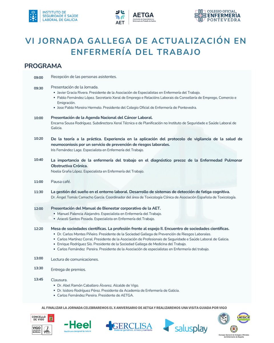 AETGa te invita a las VI Jornadas Gallegas de Actualización en Enfermería del Trabajo

🗓 22 nov 2025 | 📍 Vigo
Debate sobre los retos de la salud laboral en España y el futuro de la profesión 👩‍⚕️

🎟 Inscripciones:
👉 enfermeriadeltrabajo.com/vi-jornada-de-…

#AETGa #EnfermeríaDelTrabajo