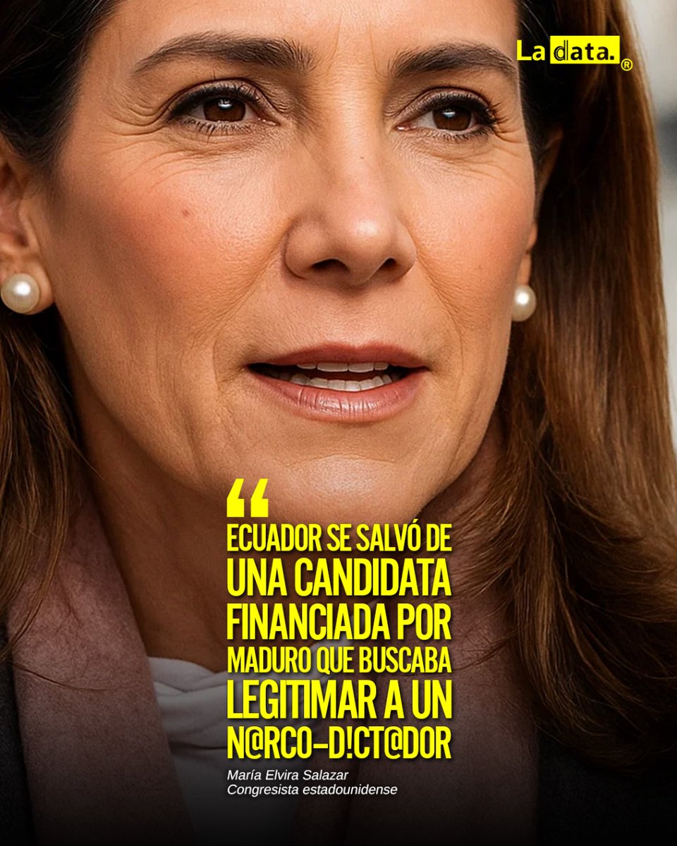 ladataecu's tweet image. #Tendencia "Ecuador se salvó de una candidata financiada por Maduro que buscaba legitimar a un n@rc0–d!ct@d0r”.
La congresista estadounidense María Elvira Salazar lanzó duras declaraciones tras las elecciones en Ecuador, asegurando que el país “se salvó de una candidata…
