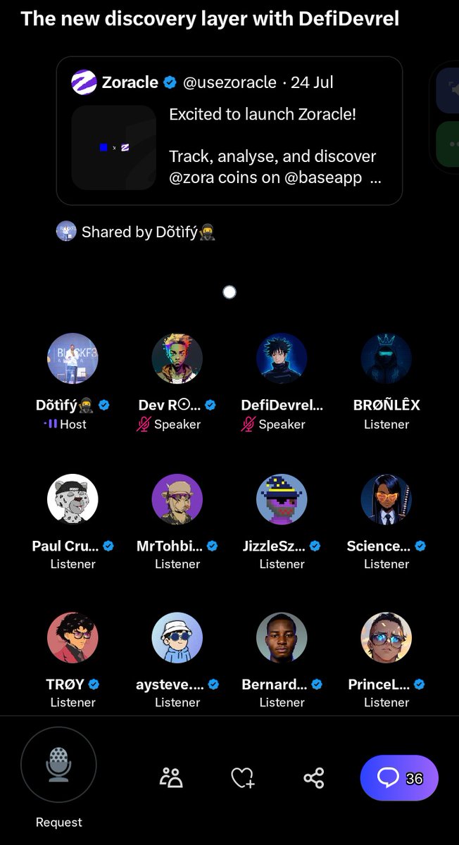 DavidAyomi29591's tweet image. Just wrapped up a dope Space with @Iamdotify and @DefiDevrel 🔊
We talked about @usezoracle a discovery & analytics platform for content coins built on Base + Zora ⚡️
This isn’t just another tool, @usezoracle is a game changer for onchain creators. 🚀
#Base #Onchain