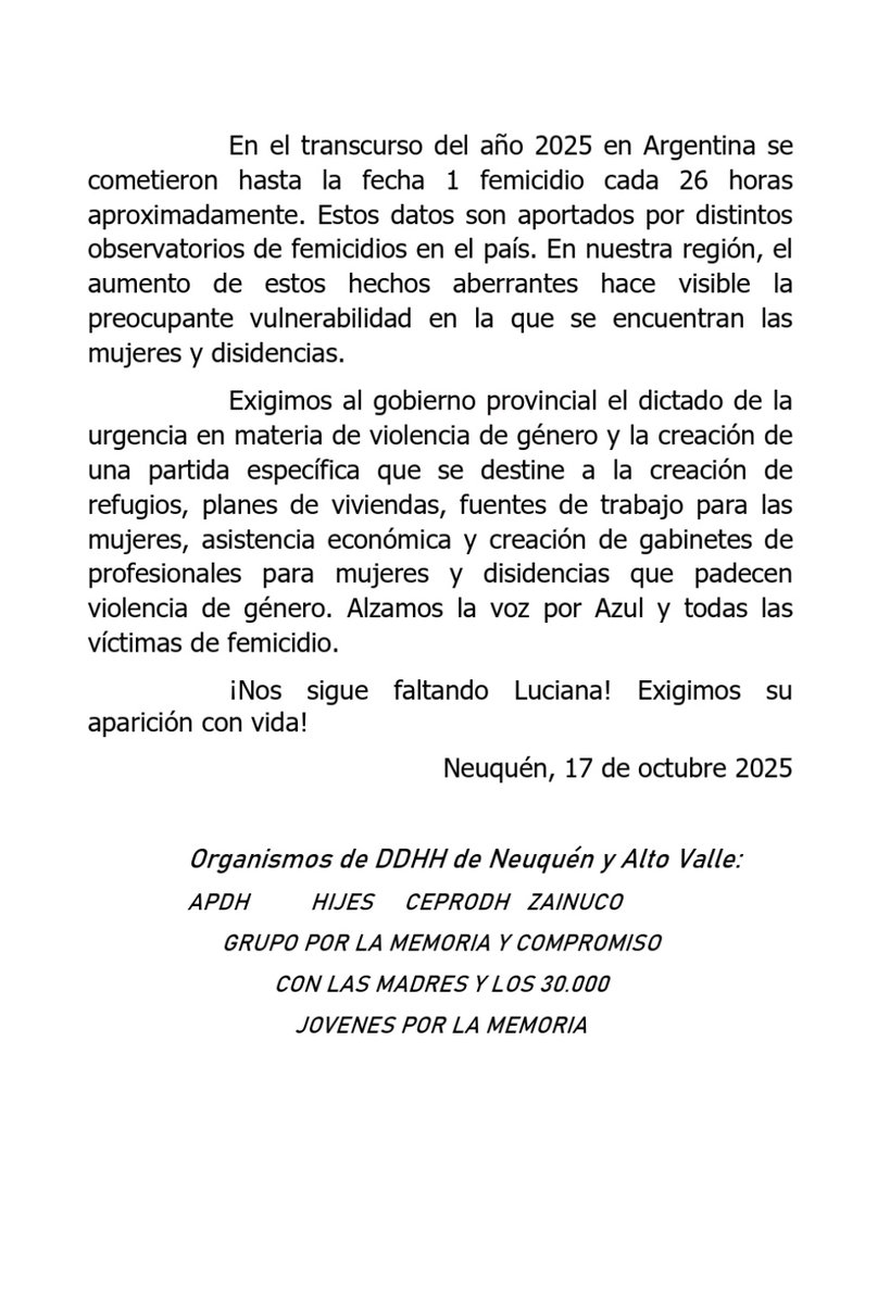 Comunicado 17/10/2025 nos posicionados colectivamente frente a la emergencia en género que sufrimos actualmente.