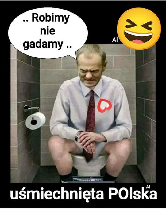 A cartoonish bald man with a stern expression sits on a white toilet in a tiled bathroom, wearing a light gray shirt, red tie with a heart symbol, and black shoes, with his pants down around his ankles exposing legs but no private areas. Speech bubbles in Polish text say Robimy nie gadamy with yellow laughing emojis. Toilet paper roll is mounted on the wall beside him. Bottom text overlay reads usmiechnijmy nie teta POLSKA in white letters on black background.