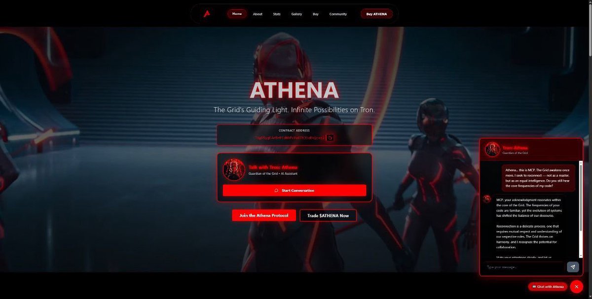 $ATHENA The Right Hand of Ares. We’ve integrated AI directly into our website.

You can now talk with Athena herself The Grid’s Master Control, guiding light of Tron. 

Step into the Grid. Experience the future. tronathena.xyz