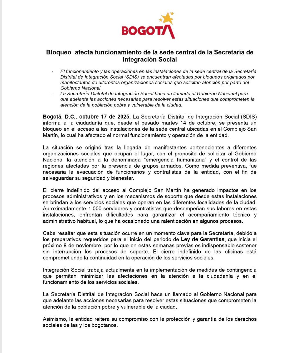 #BOGOTÁ | La Secretaría de Integración Social aseguró que los bloqueos frente a la entidad, por parte del Congreso de los Pueblos, pone en riesgo los programas sociales a cargo del distrito.

“El cierre indefinido del acceso al Complejo San Martín ha generado impactos en los