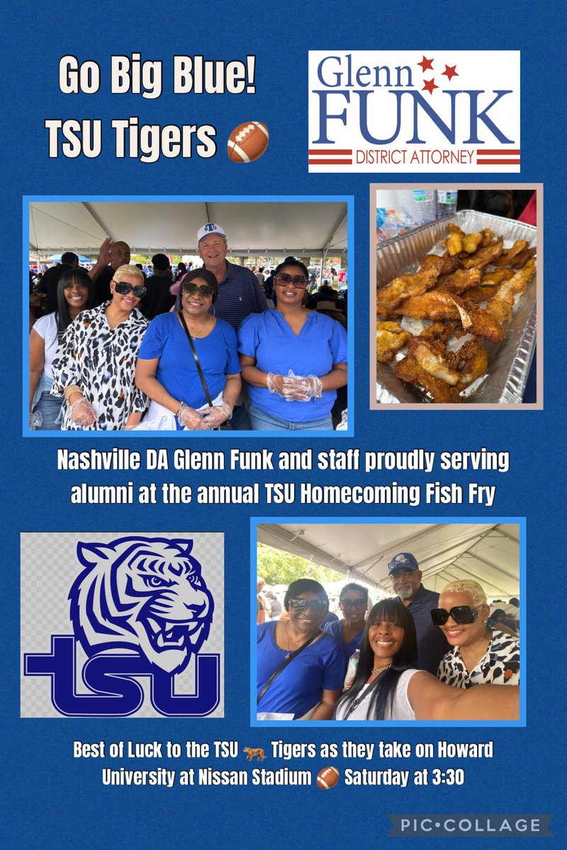 Nashville DA Glenn Funk and his staff were proud to serve Tennessee State University fans and alumni at the 54th annual Charles Campbell Fish Fry today!  🐟
Great food, friends, &amp; fellowship!  
Wishing TSU success tomorrow when the Tigers take on Howard! 🏈 
#tsunaa  #goblue