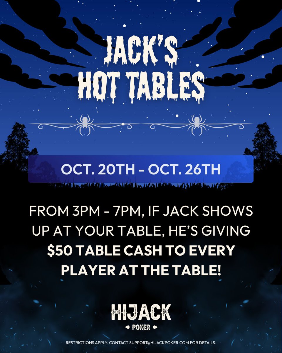 hijack_poker's tweet image. 🔥 Jack’s Hot Tables are back! 🔥
From Oct. 20–26, if Jack shows up at your table between 3PM–7PM, every player scores $50 in table cash! 💸
Stay sharp… you never know when Jack will appear 👀
#HijackPoker #HotTables #PokerPromo