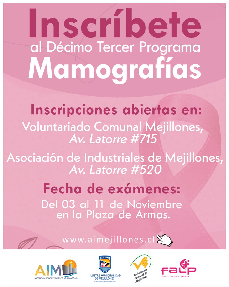 🎀 Campaña de Mamografías Gratuitas en Mejillones.
 
Del 3 al 11 de noviembre se realizará una nueva jornada de mamografías 2025 totalmente gratuitas para las mujeres de nuestra comuna. 💗