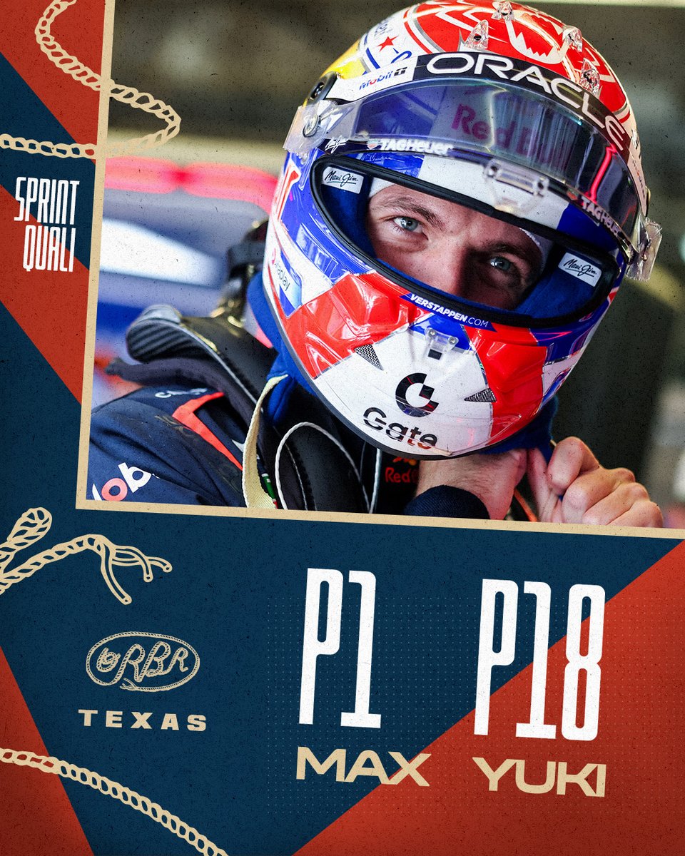 redbullracing's tweet image. Top of the timing tower on Friday⏱️ A very lovely lap from Max to seal Sprint Pole in Texas 💪

Sprint Quali 🏁 Max P1! 👏, NOR, PIA, HUL, RUS, ALO, SAI, HAM, ALB, LEC. Yuki P18.

#F1 || #USGP 🇺🇸
