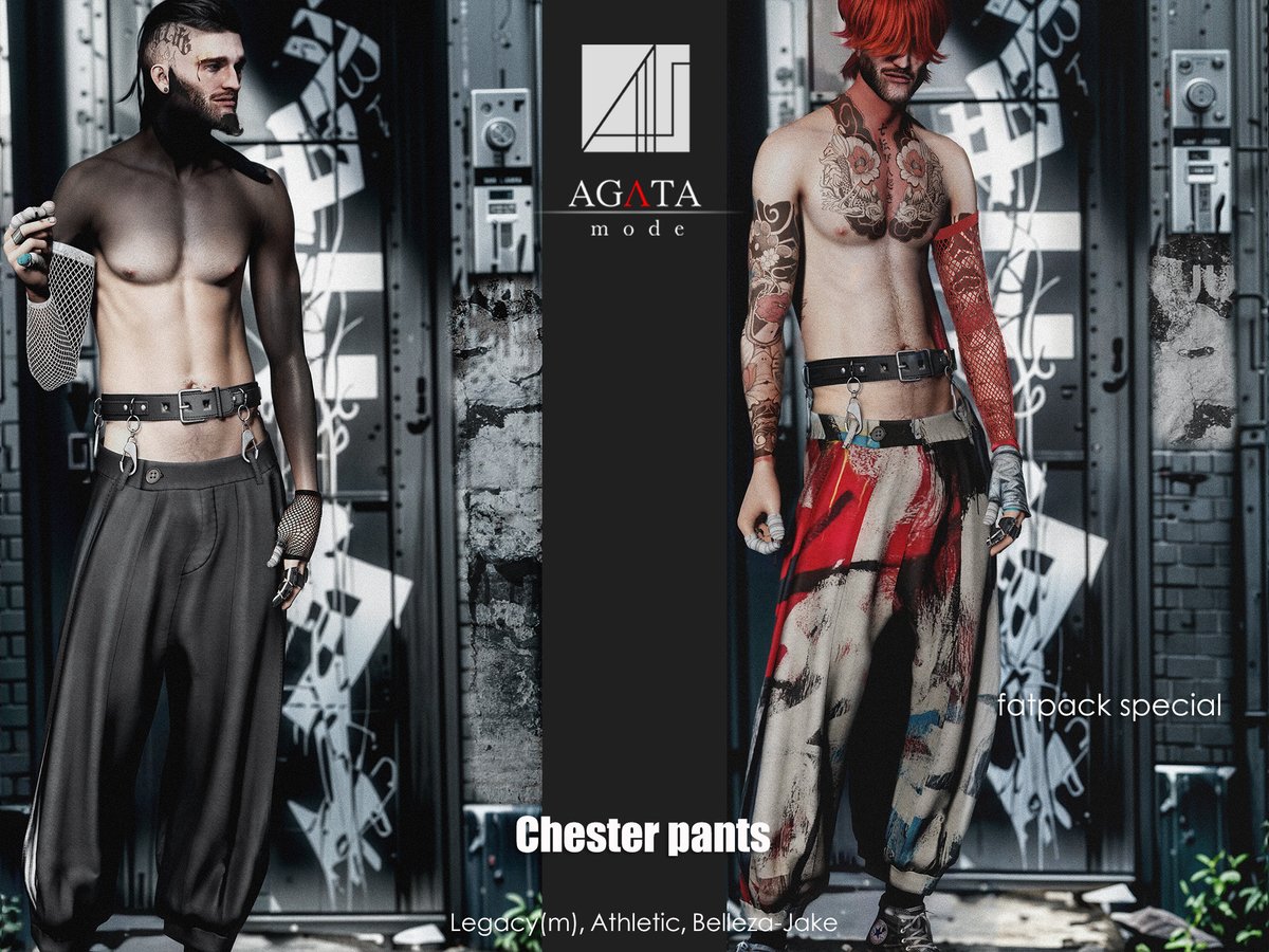 AGATA mode’s Chester pants blend edgy design with everyday comfort. Featuring a hook-suspended belt and sleek silhouette, they add bold flair to any outfit. Available in eight colors plus exclusive patterns in the fatpack, Find them now at MANCAVE.  taxi: maps.secondlife.com/secondlife/Mat…