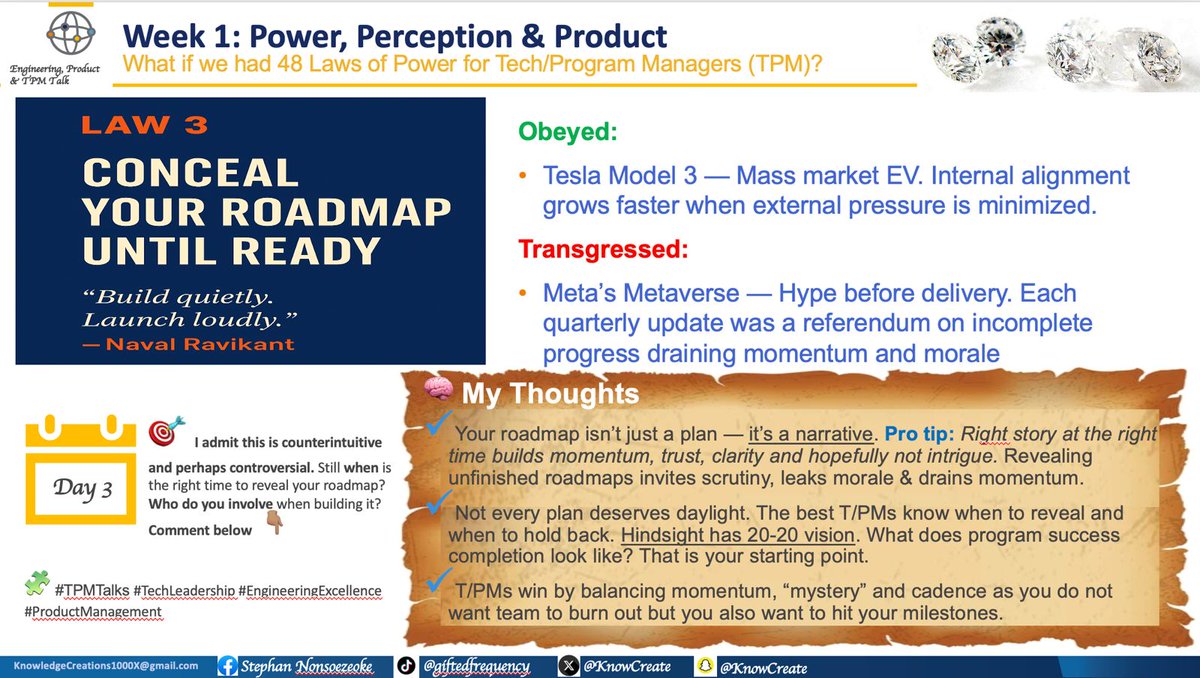 KnowCreate's tweet image. 48 laws for Tech Leaders - Day 3

Law 3 - Conceal your roadmap until ready... is an exquisite manoeuvre because you need collaboration to build and deliver an effective roadmap

#TPMTalks #TechLeadership #EngineeringExcellence #ProductManagement