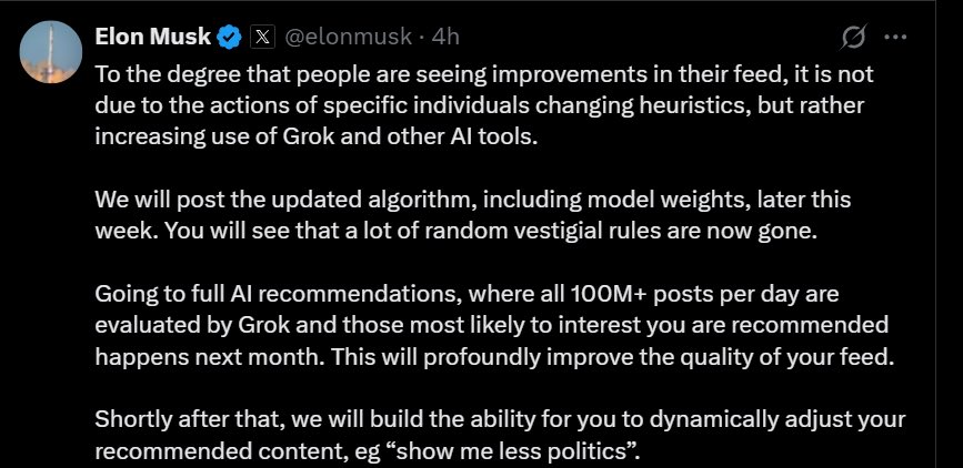 X just killed the old algorithm

next month, every single post (100M+ a day) will be read, analyzed, and ranked by Grok

here’s everything you need to know:

they’re literally removing all the old rules this week and publishing the updated algorithm + model weights 😳

AI will