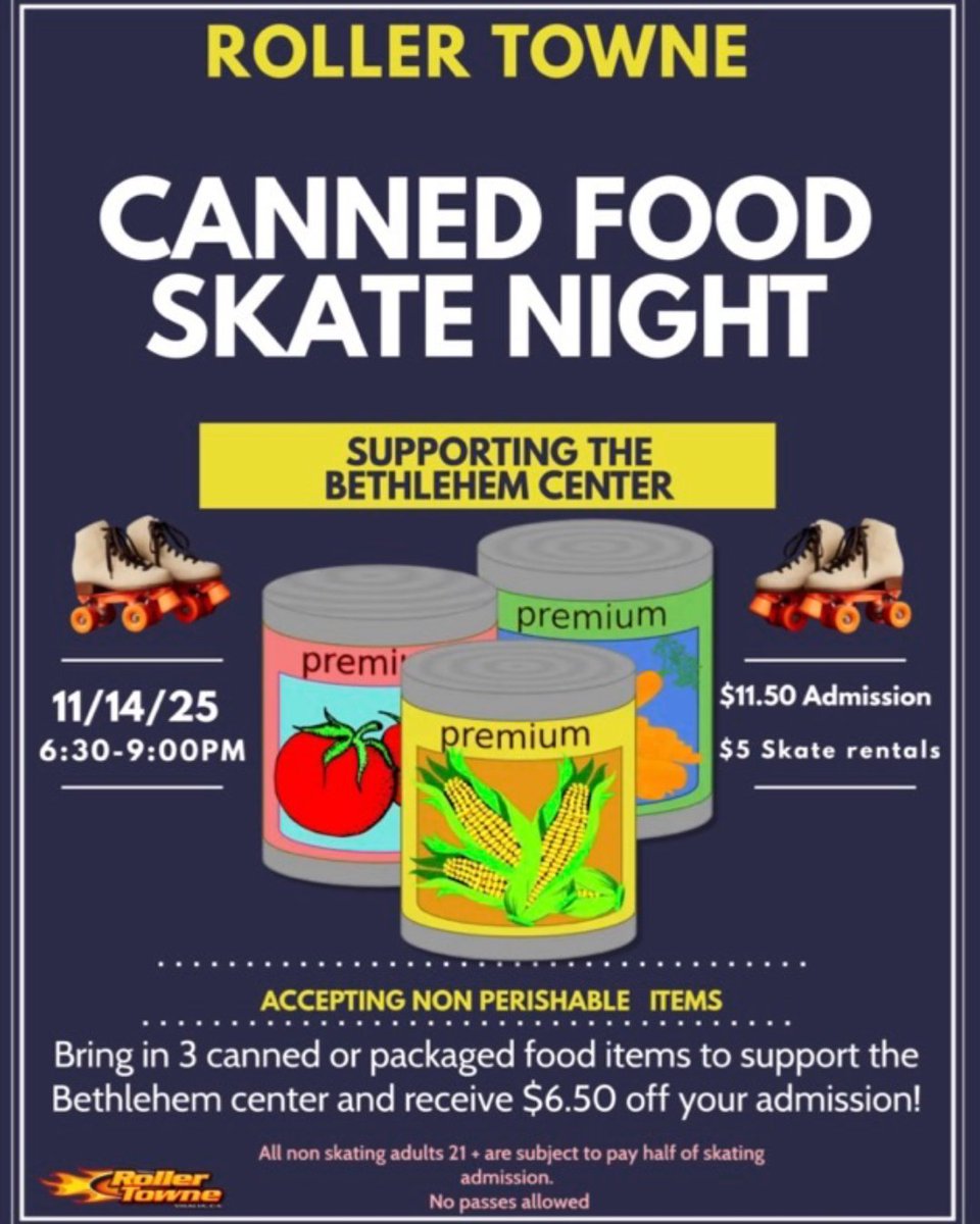 RollerTowne's tweet image. 🎉🛼 Roller Skate &amp;amp; Donate! 🥫✨ Join us for a Canned Food Skate Night to support the Bethlehem Center, where over 2,400 food boxes are distributed each month. Together, we CAN make a difference—let’s roll for our community! 💙
#visalia #rollertowne #supportyourcommunity